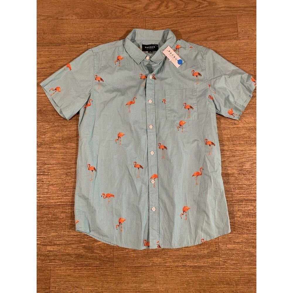 Pacsun Men’s Flamingo Short Sleeve Button Up-Blue Size Medium 100% Cotton